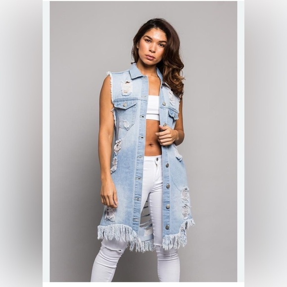 beat &RHYTHM Jackets & Blazers - Blue Skinny Denim Jacket with Distressed Details